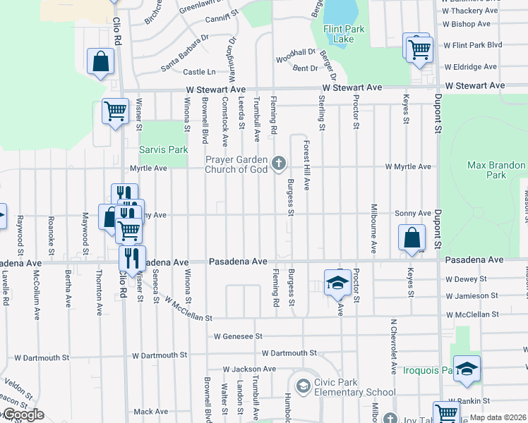 map of restaurants, bars, coffee shops, grocery stores, and more near 3702 Trumbull Drive in Flint