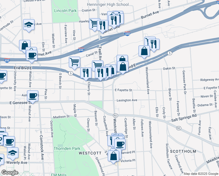 map of restaurants, bars, coffee shops, grocery stores, and more near 1709 East Fayette Street in Syracuse