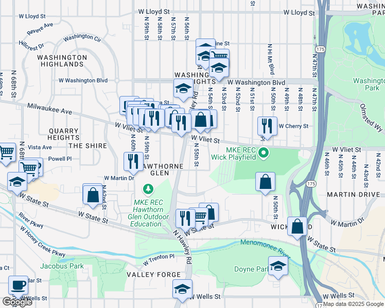 map of restaurants, bars, coffee shops, grocery stores, and more near 1345 North 55th Street in Milwaukee