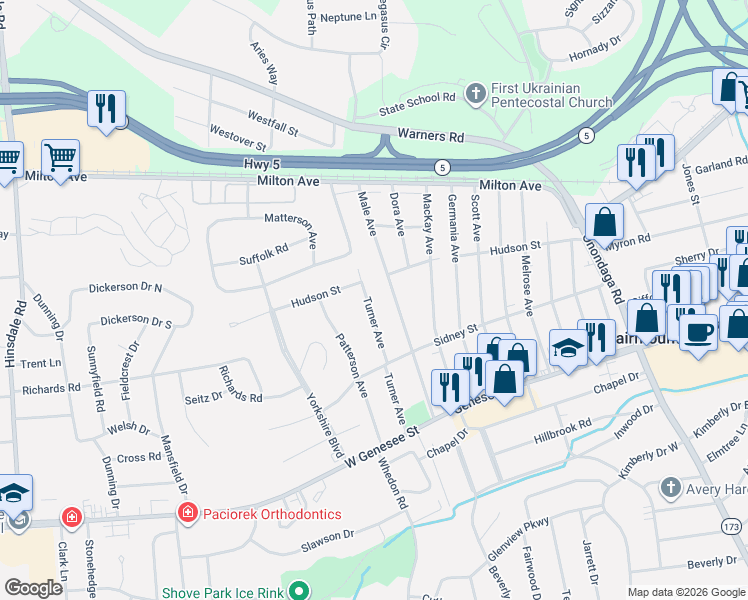 map of restaurants, bars, coffee shops, grocery stores, and more near 223 Male Avenue in Syracuse