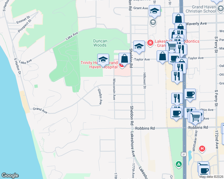 map of restaurants, bars, coffee shops, grocery stores, and more near 1611 Wisconsin Avenue in Grand Haven