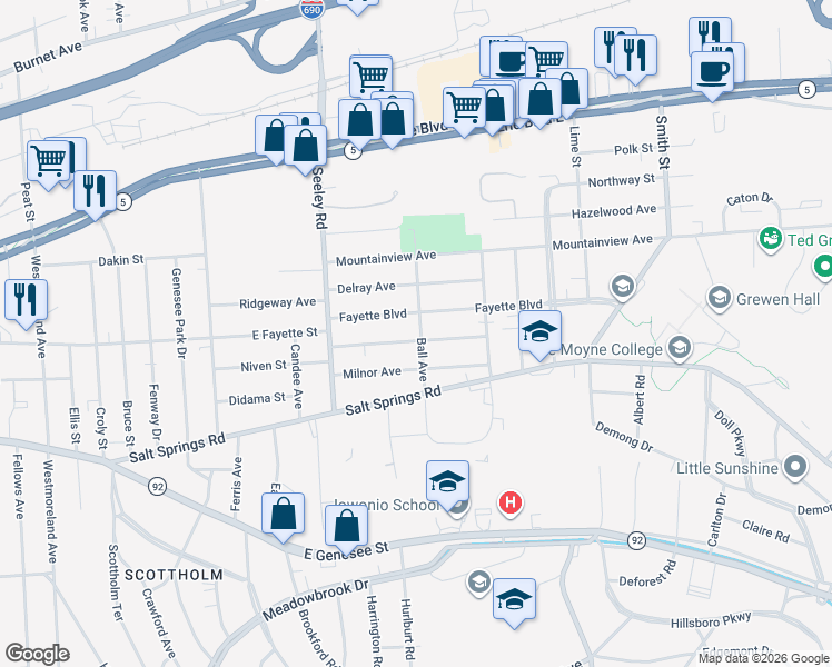 map of restaurants, bars, coffee shops, grocery stores, and more near 171 Harwood Avenue in Syracuse