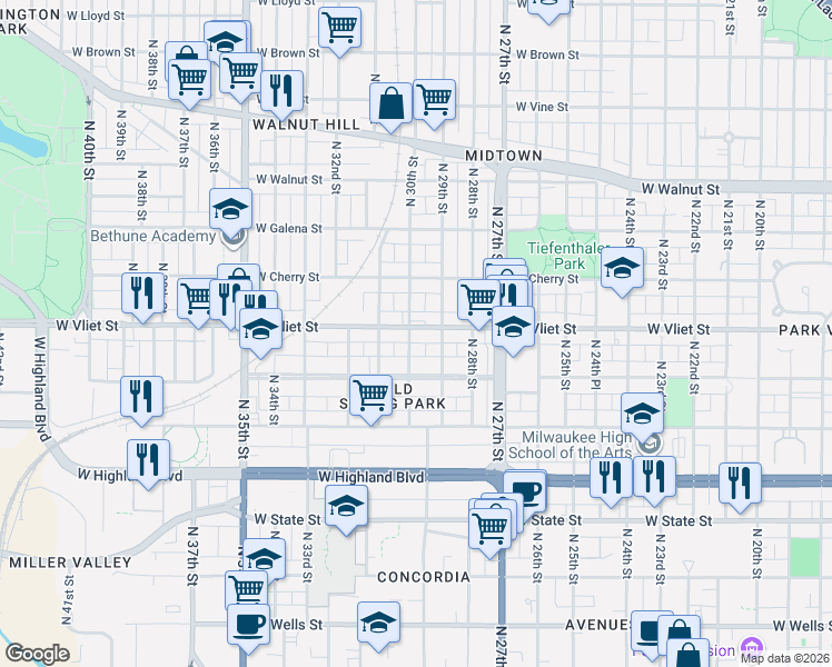 map of restaurants, bars, coffee shops, grocery stores, and more near 2931 West Vliet Street in Milwaukee