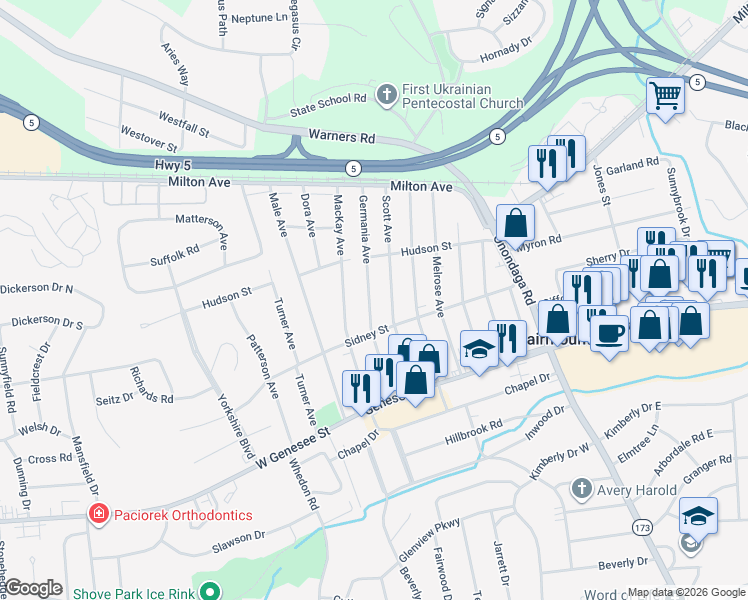 map of restaurants, bars, coffee shops, grocery stores, and more near 222 Germania Avenue in Syracuse
