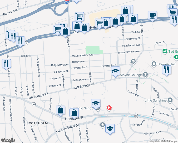 map of restaurants, bars, coffee shops, grocery stores, and more near 171 Harwood Avenue in Syracuse