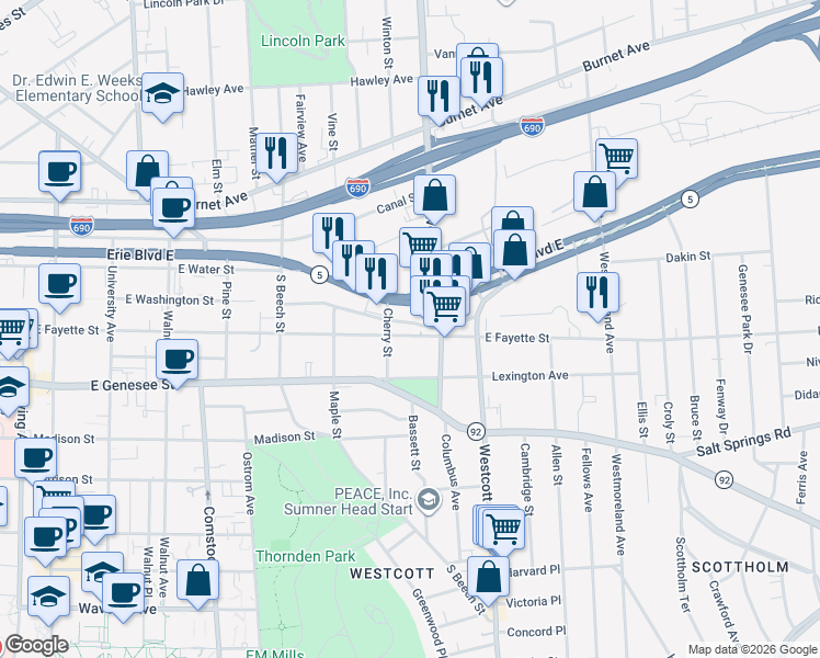 map of restaurants, bars, coffee shops, grocery stores, and more near 1619-21 East Fayette Street in Syracuse