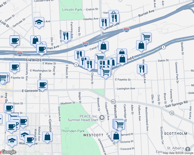 map of restaurants, bars, coffee shops, grocery stores, and more near 1619-21 East Fayette Street in Syracuse