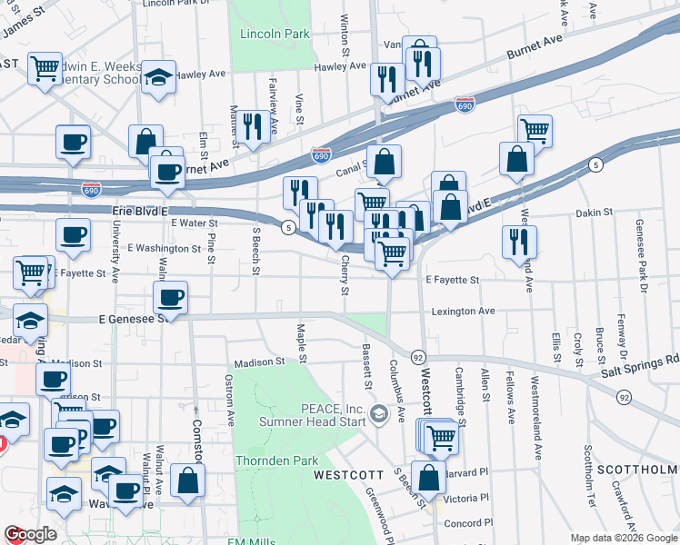 map of restaurants, bars, coffee shops, grocery stores, and more near 1525 East Fayette Street in Syracuse