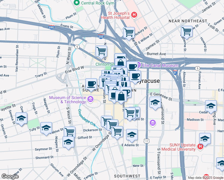 map of restaurants, bars, coffee shops, grocery stores, and more near 301 South Salina Street in Syracuse