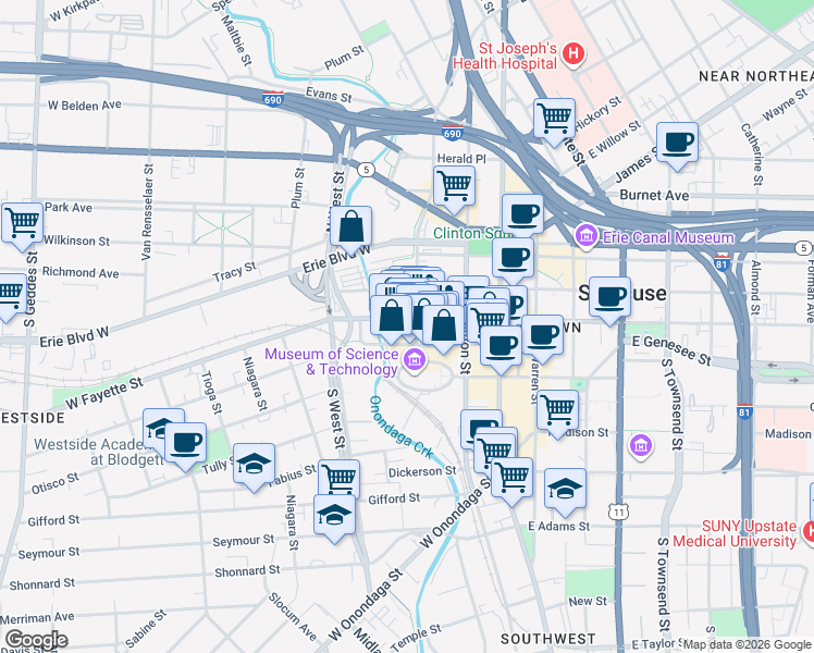 map of restaurants, bars, coffee shops, grocery stores, and more near 327 West Fayette Street in Syracuse