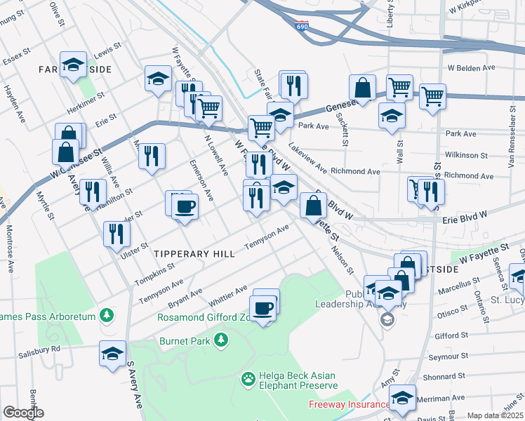 map of restaurants, bars, coffee shops, grocery stores, and more near 118-20 North Lowell Avenue in Syracuse