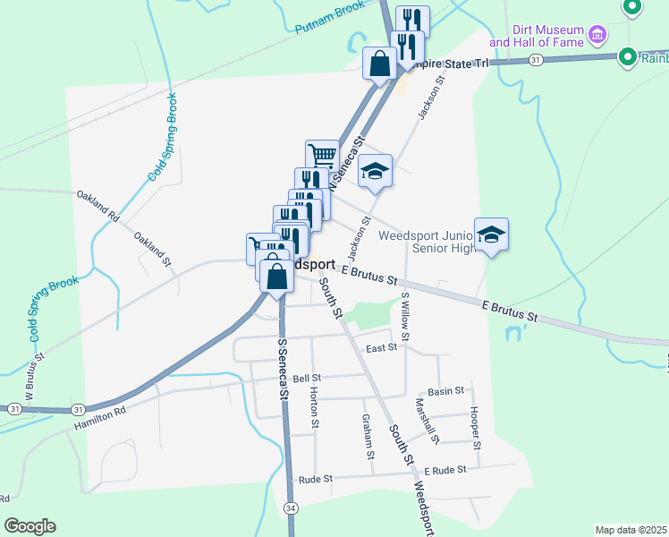 map of restaurants, bars, coffee shops, grocery stores, and more near 2710 East Brutus Street in Weedsport