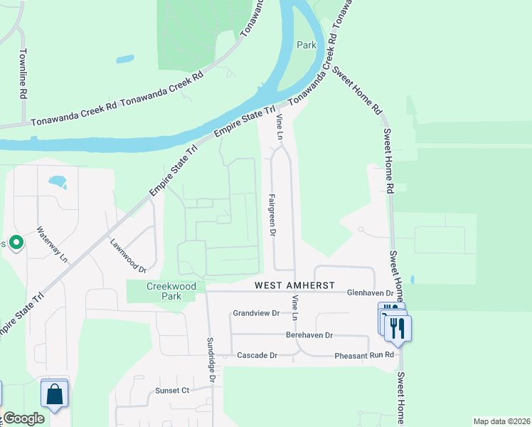 map of restaurants, bars, coffee shops, grocery stores, and more near 107 Fairgreen Drive in Buffalo