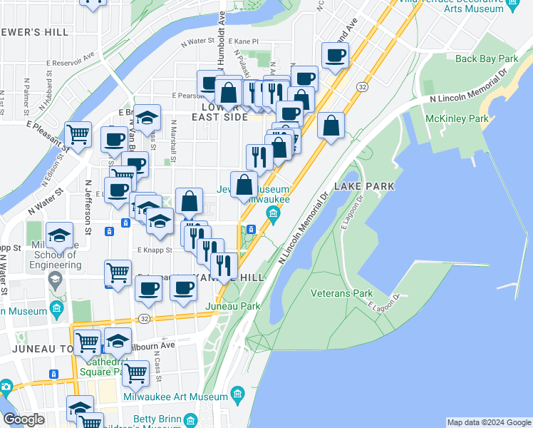 map of restaurants, bars, coffee shops, grocery stores, and more near 1417 North Prospect Avenue in Milwaukee