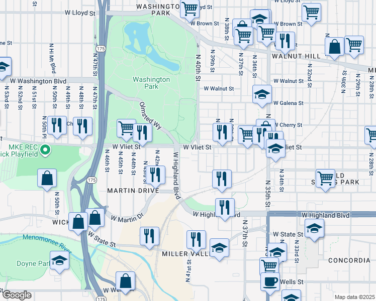 map of restaurants, bars, coffee shops, grocery stores, and more near 4266 West Highland Boulevard in Milwaukee