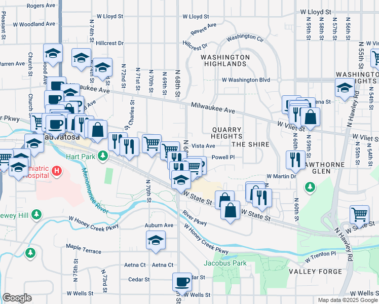 map of restaurants, bars, coffee shops, grocery stores, and more near 1313 North 67th Street in Wauwatosa