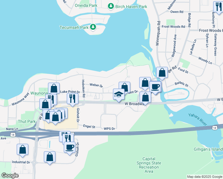 map of restaurants, bars, coffee shops, grocery stores, and more near 1609 Wild Oak Circle in Madison