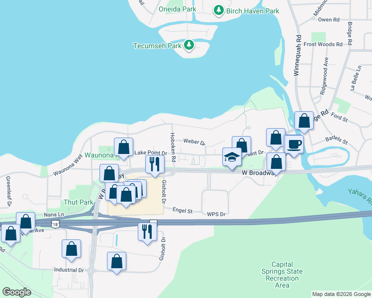 map of restaurants, bars, coffee shops, grocery stores, and more near 1902 Lake Point Drive in Madison