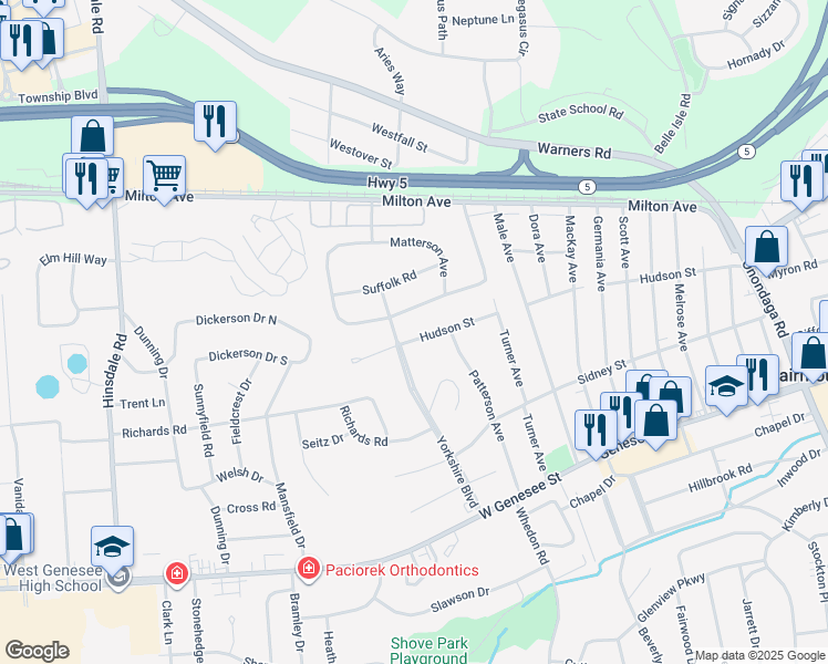 map of restaurants, bars, coffee shops, grocery stores, and more near 1010 Hudson Street in Syracuse