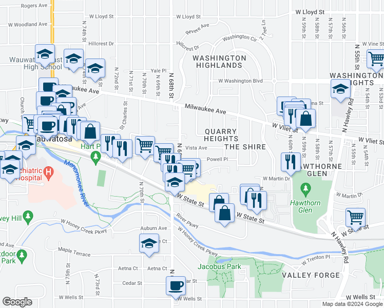 map of restaurants, bars, coffee shops, grocery stores, and more near 1313 North 67th Street in Wauwatosa