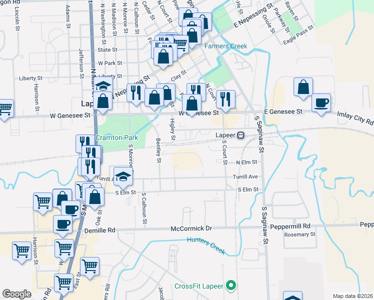 map of restaurants, bars, coffee shops, grocery stores, and more near 448 County Center Street in Lapeer