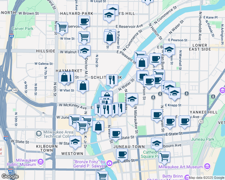 map of restaurants, bars, coffee shops, grocery stores, and more near 1421 North Water Street in Milwaukee