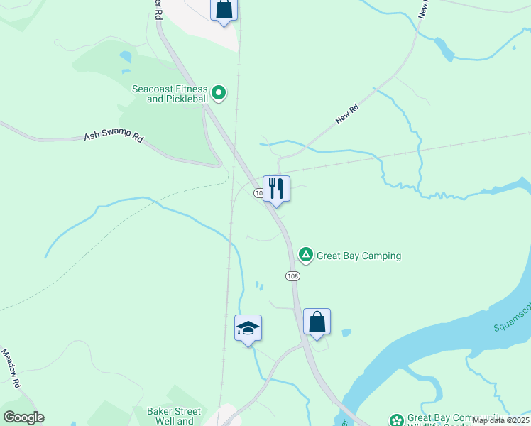 map of restaurants, bars, coffee shops, grocery stores, and more near 71 New Hampshire 108 in Newfields
