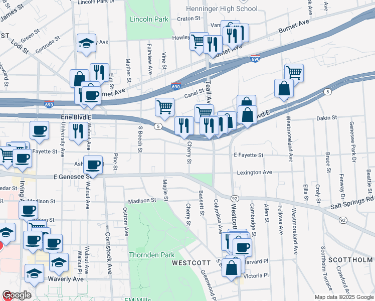 map of restaurants, bars, coffee shops, grocery stores, and more near 1525 East Fayette Street in Syracuse