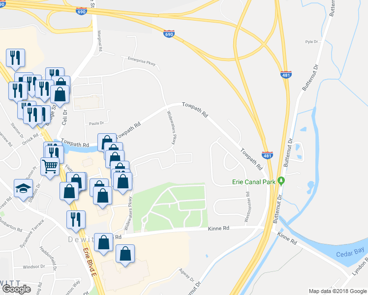 map of restaurants, bars, coffee shops, grocery stores, and more near 5790 Widewaters Parkway in Syracuse