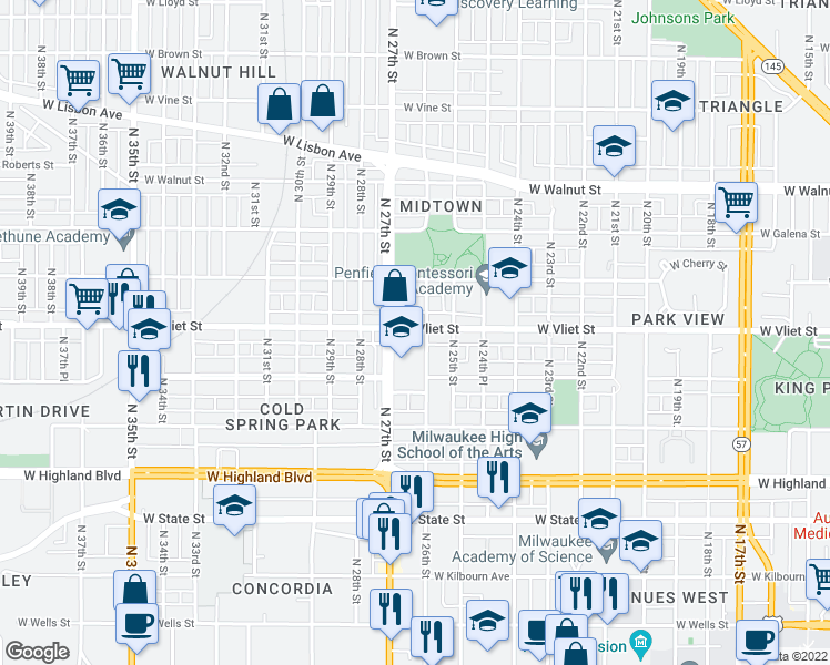 map of restaurants, bars, coffee shops, grocery stores, and more near 2605 West Vliet Street in Milwaukee