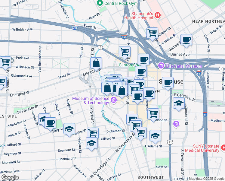 map of restaurants, bars, coffee shops, grocery stores, and more near 327 West Fayette Street in Syracuse