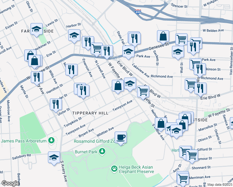 map of restaurants, bars, coffee shops, grocery stores, and more near 118-20 North Lowell Avenue in Syracuse
