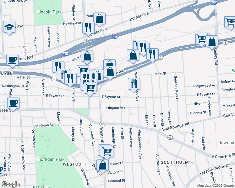 map of restaurants, bars, coffee shops, grocery stores, and more near 1815 East Fayette Street in Syracuse
