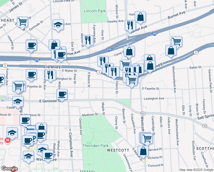 map of restaurants, bars, coffee shops, grocery stores, and more near 1507 East Fayette Street in Syracuse