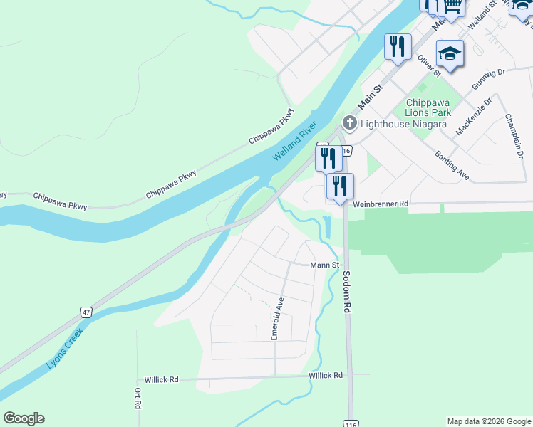map of restaurants, bars, coffee shops, grocery stores, and more near 4470 Lyons Creek Road in Niagara Falls