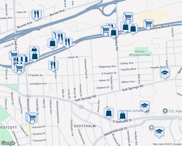 map of restaurants, bars, coffee shops, grocery stores, and more near 324 Beattie Street in Syracuse