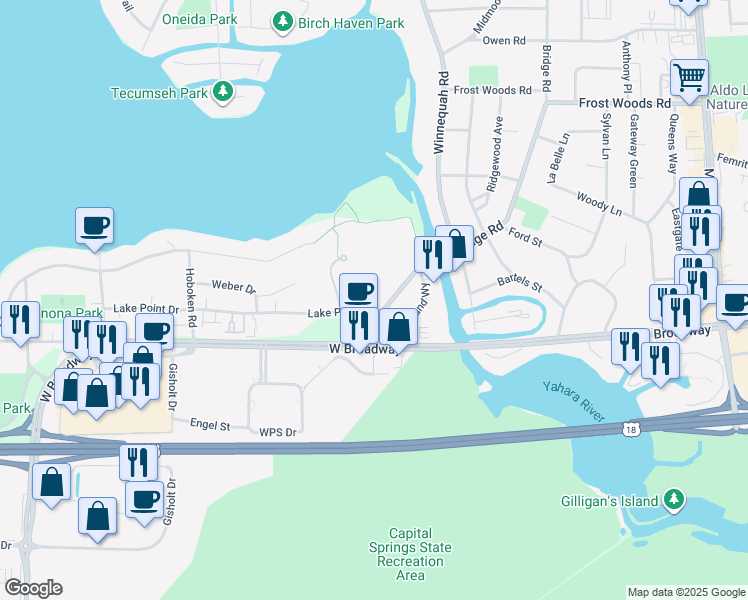 map of restaurants, bars, coffee shops, grocery stores, and more near 6425 Bridge Road in Madison