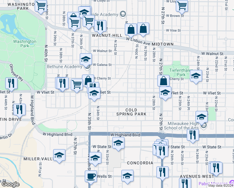 map of restaurants, bars, coffee shops, grocery stores, and more near 1355 North 32nd Street in Milwaukee