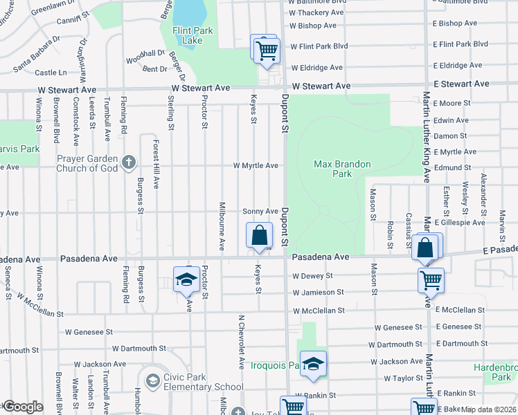 map of restaurants, bars, coffee shops, grocery stores, and more near 3702 Keyes Street in Flint