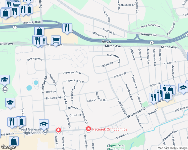 map of restaurants, bars, coffee shops, grocery stores, and more near 132 Gordon Pkwy in Camillus