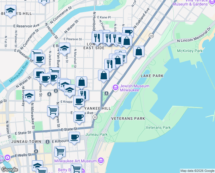 map of restaurants, bars, coffee shops, grocery stores, and more near 1434 North Farwell Avenue in Milwaukee