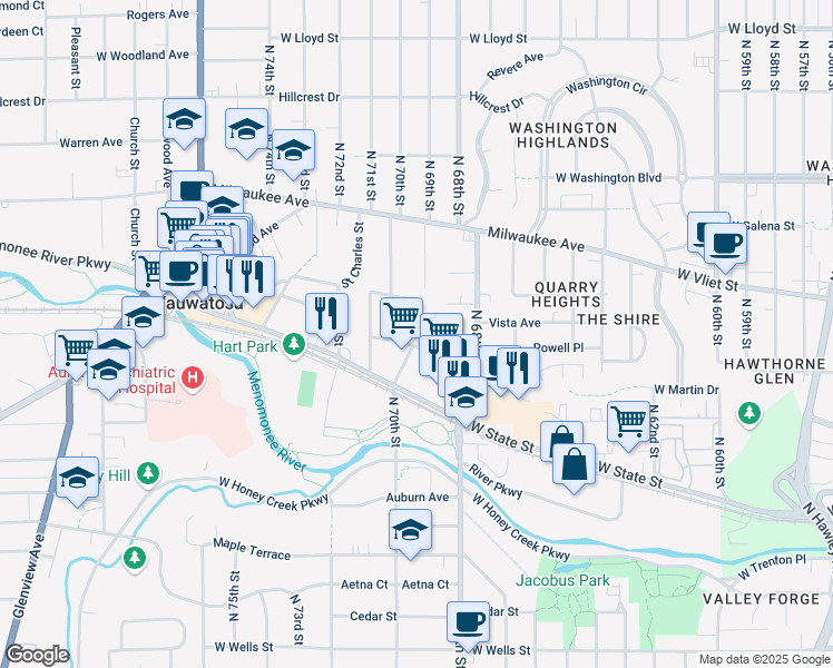 map of restaurants, bars, coffee shops, grocery stores, and more near 6916 Saint James Street in Wauwatosa