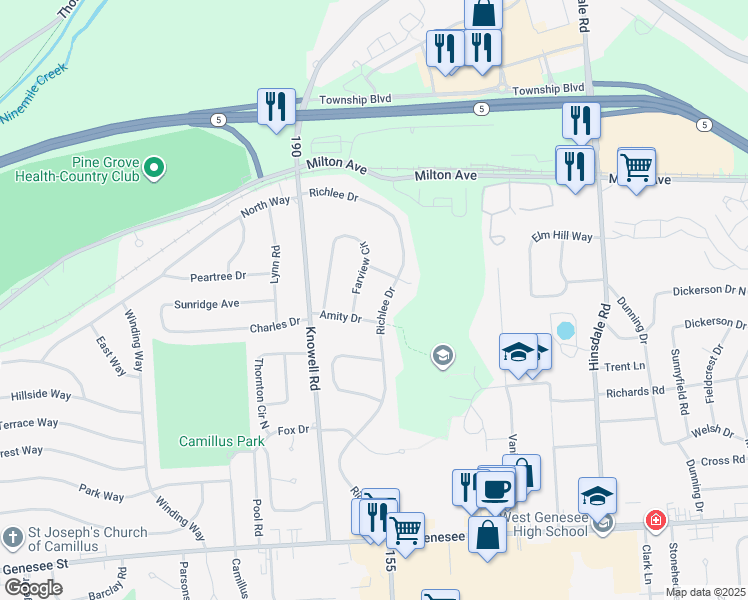 map of restaurants, bars, coffee shops, grocery stores, and more near 49 Richlee Dr in Camillus
