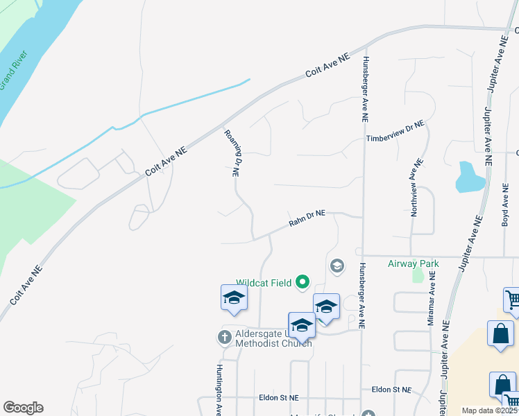 map of restaurants, bars, coffee shops, grocery stores, and more near 4710 Roaming Drive Northeast in Grand Rapids