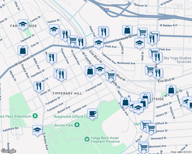 map of restaurants, bars, coffee shops, grocery stores, and more near 206 Tompkins Street in Syracuse