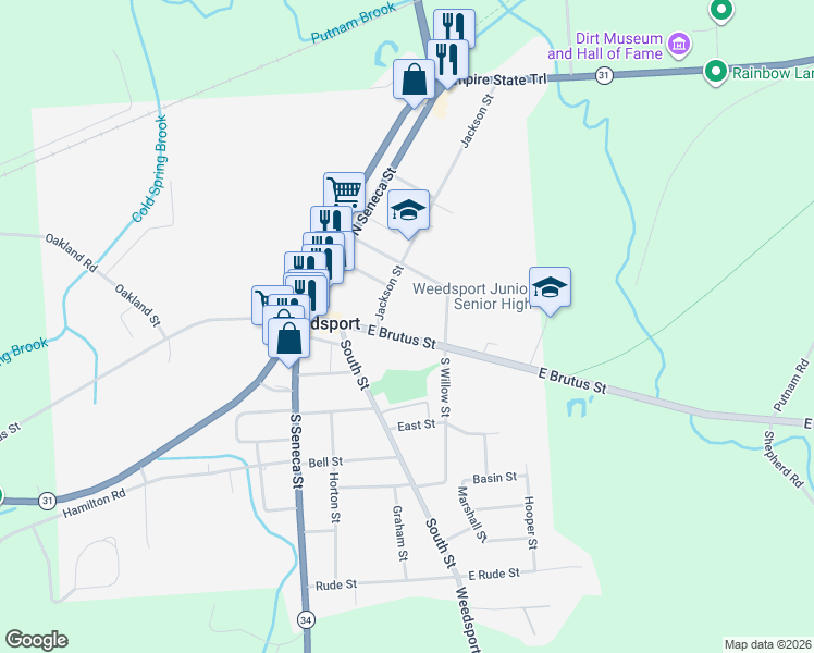 map of restaurants, bars, coffee shops, grocery stores, and more near 2761 East Brutus Street in Weedsport