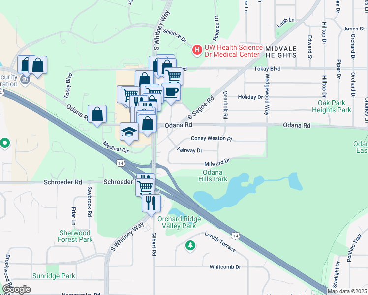 map of restaurants, bars, coffee shops, grocery stores, and more near 5314 Fairway Drive in Madison