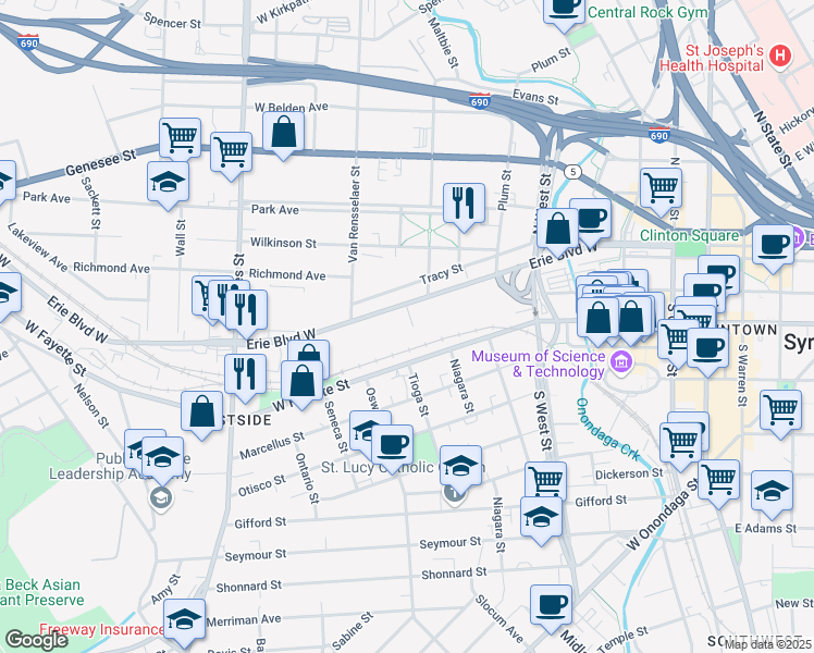 map of restaurants, bars, coffee shops, grocery stores, and more near 609 Erie Boulevard West in Syracuse