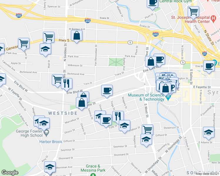 map of restaurants, bars, coffee shops, grocery stores, and more near 609 Erie Boulevard West in Syracuse