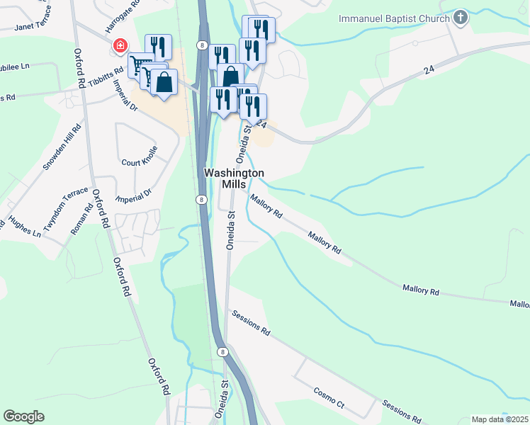 map of restaurants, bars, coffee shops, grocery stores, and more near 9312 Mallory Road in New Hartford